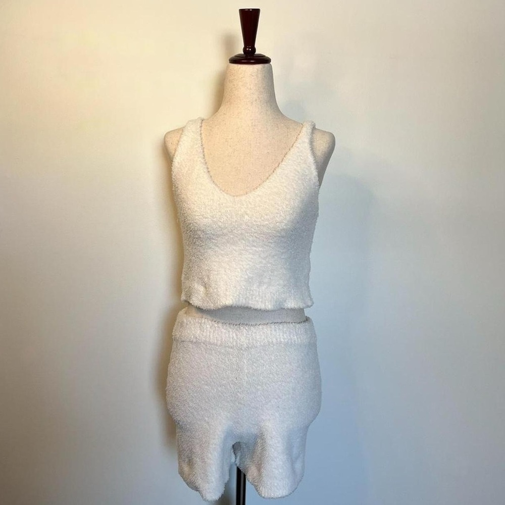 Fuzzy white loungewear tank and shorts set